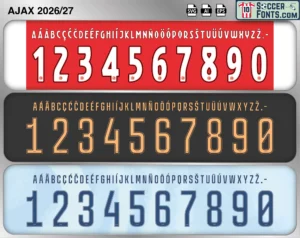 Ajax 2026-27 football shirt font showing alphabet letters and jersey numbers