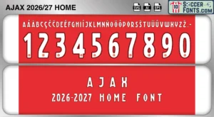 Ajax 2026-27 home football shirt font showing alphabet letters and jersey numbers