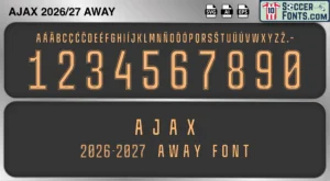 Ajax 2026-27 away football shirt font showing alphabet letters and jersey numbers