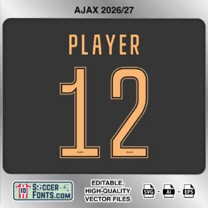 Ajax 2026-27 football shirt font on away jersey mockup with player name and number