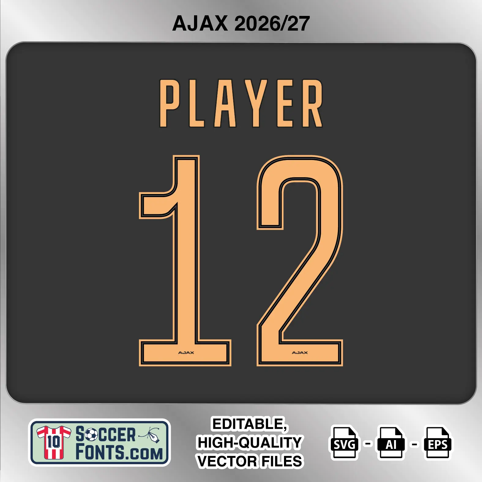 Ajax 2026-27 football shirt font on away jersey mockup with player name and number