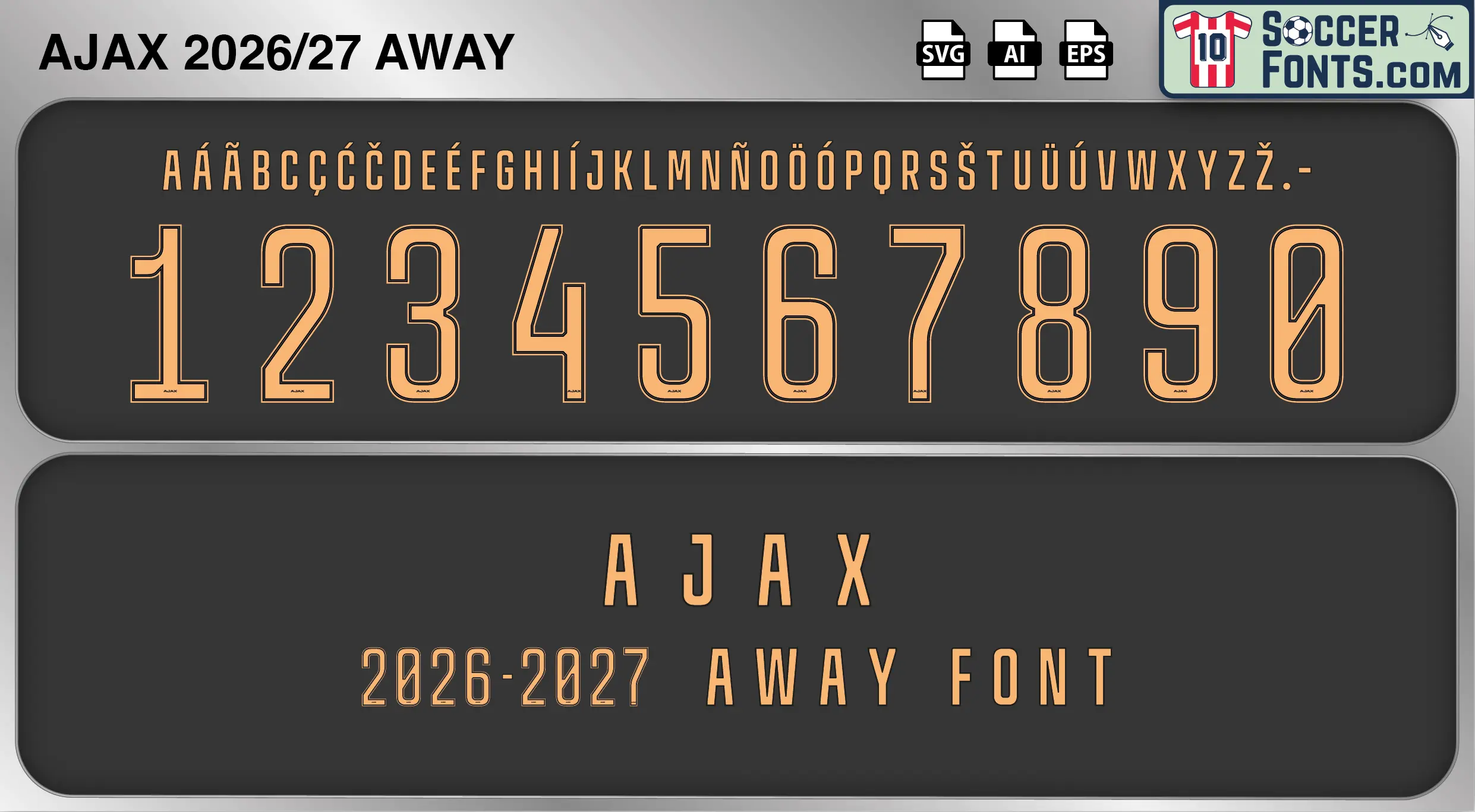 Ajax 2026-27 away football shirt font showing alphabet letters and jersey numbers
