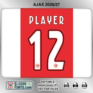 Ajax 2026-27 football shirt font on home jersey mockup with player name and number
