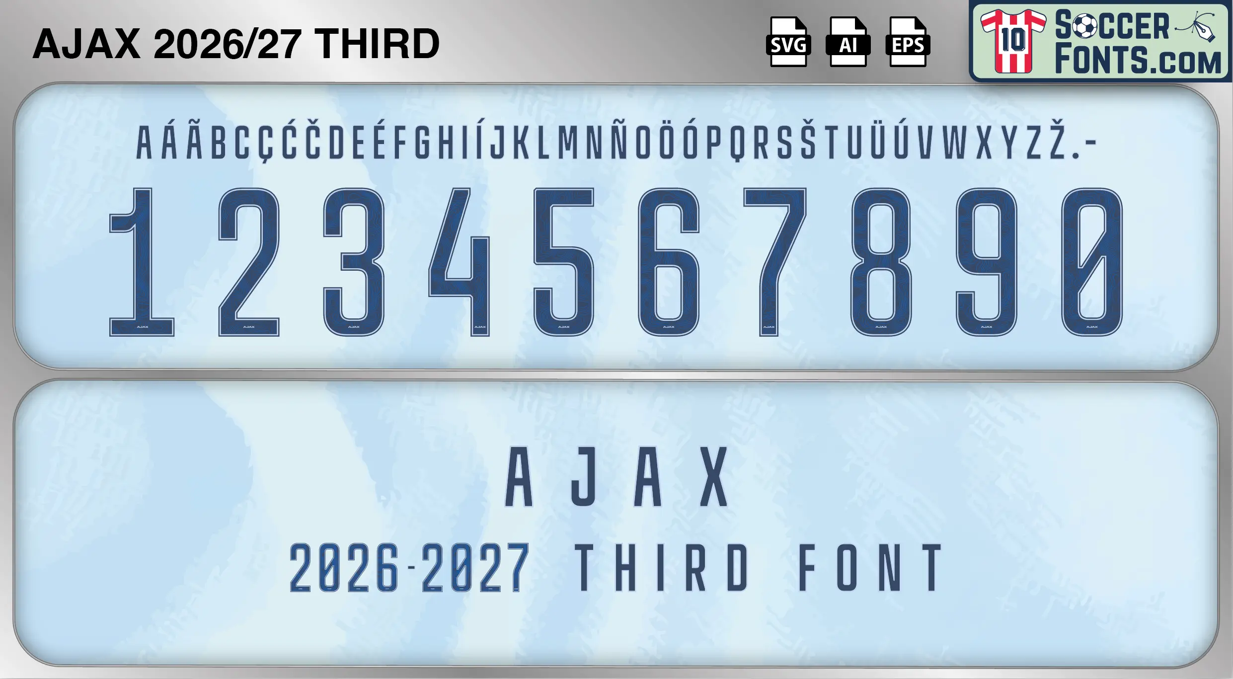 Ajax 2026-27 third football shirt font showing alphabet letters and jersey numbers
