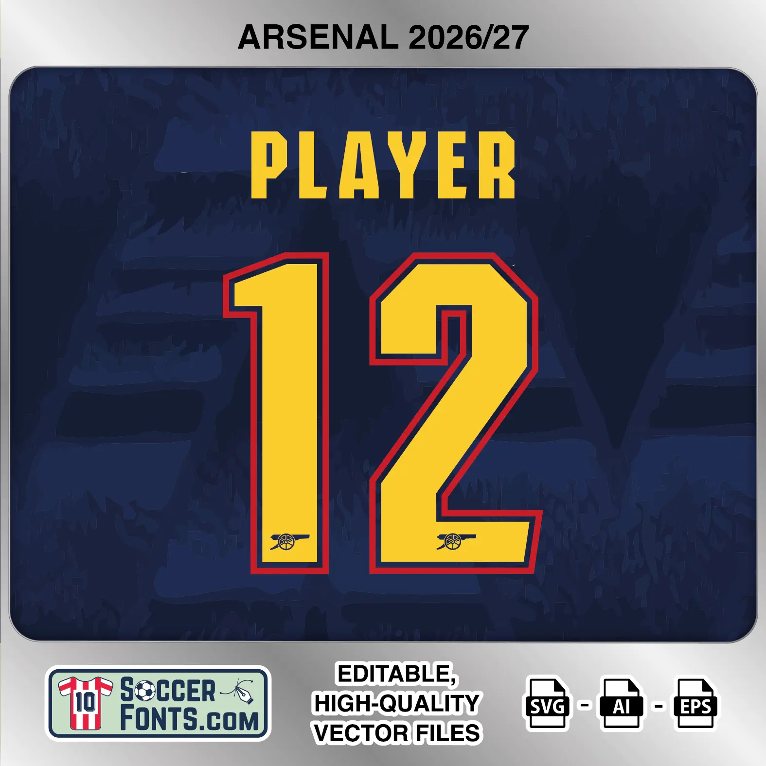 Arsenal 2026-27 football shirt font on away jersey mockup with player name and number