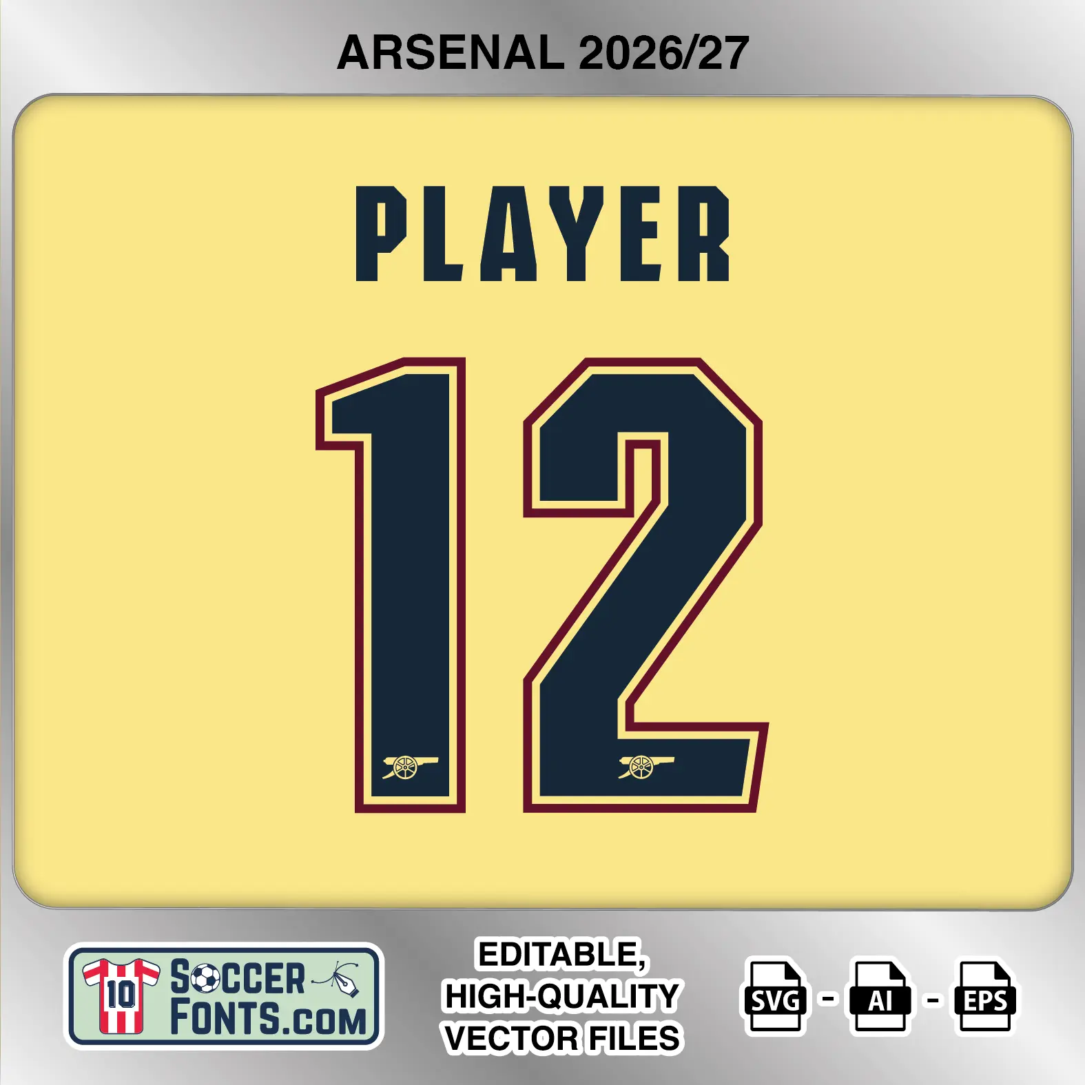 Arsenal 2026-27 football shirt font on third jersey mockup with player name and number