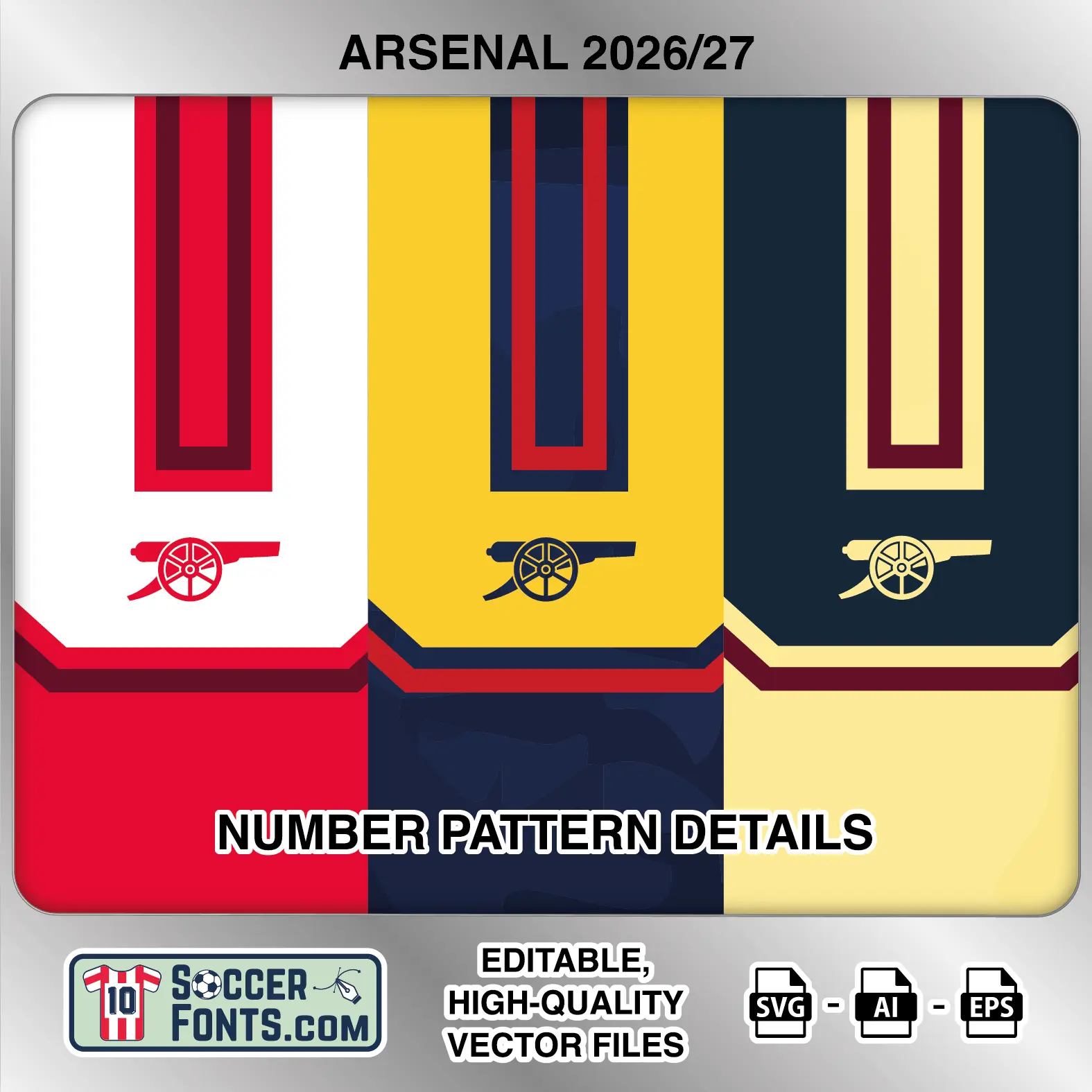 Arsenal 2026-27 football shirt number close-up showing pattern and club crest details inside
