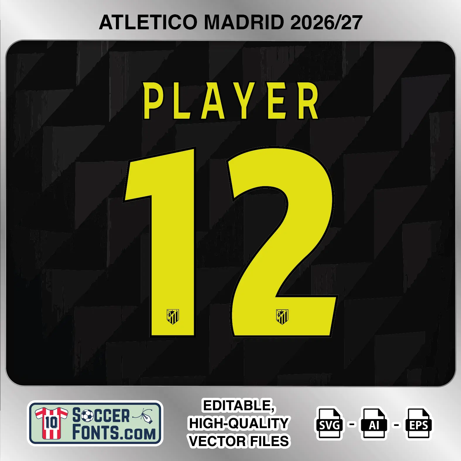 Atletico Madrid 2026-27 football shirt font on away jersey mockup with player name and number