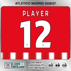 Atletico Madrid 2026-27 football shirt font on home jersey mockup with player name and number