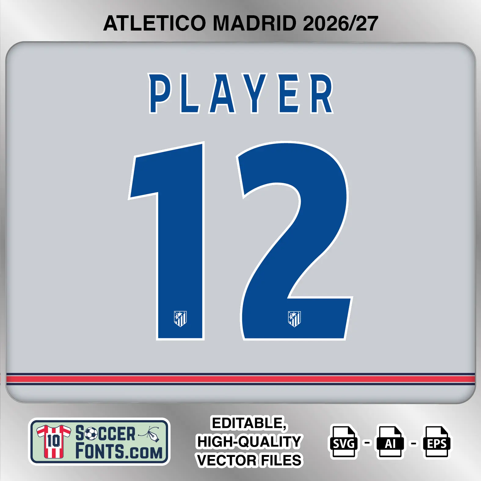 Atletico Madrid 2026-27 football shirt font on third jersey mockup with player name and number