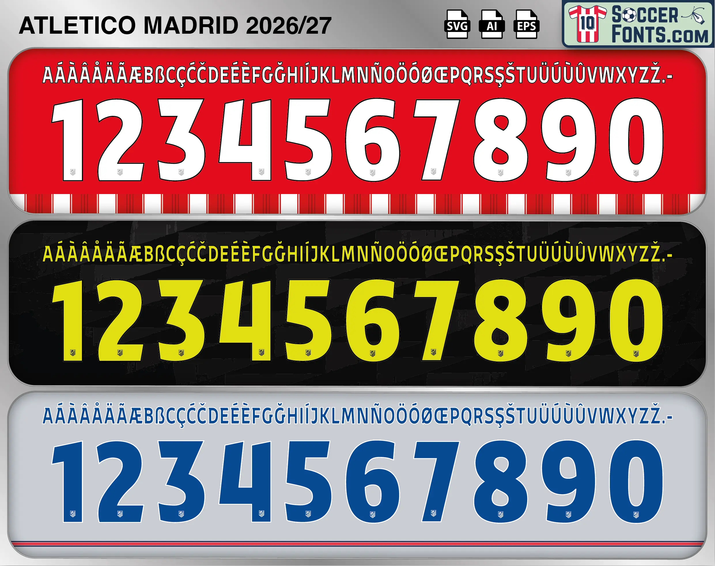 Atletico Madrid 2026-27 football shirt font showing alphabet letters and jersey numbers
