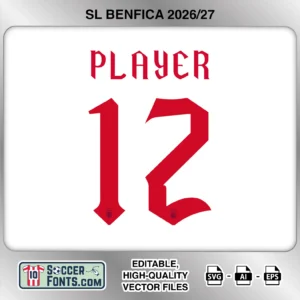 Benfica 2026-27 football shirt font on away jersey mockup with player name and number