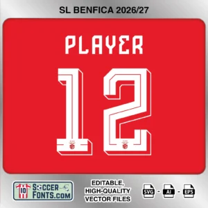 Benfica 2026-27 football shirt font on home jersey mockup with player name and number