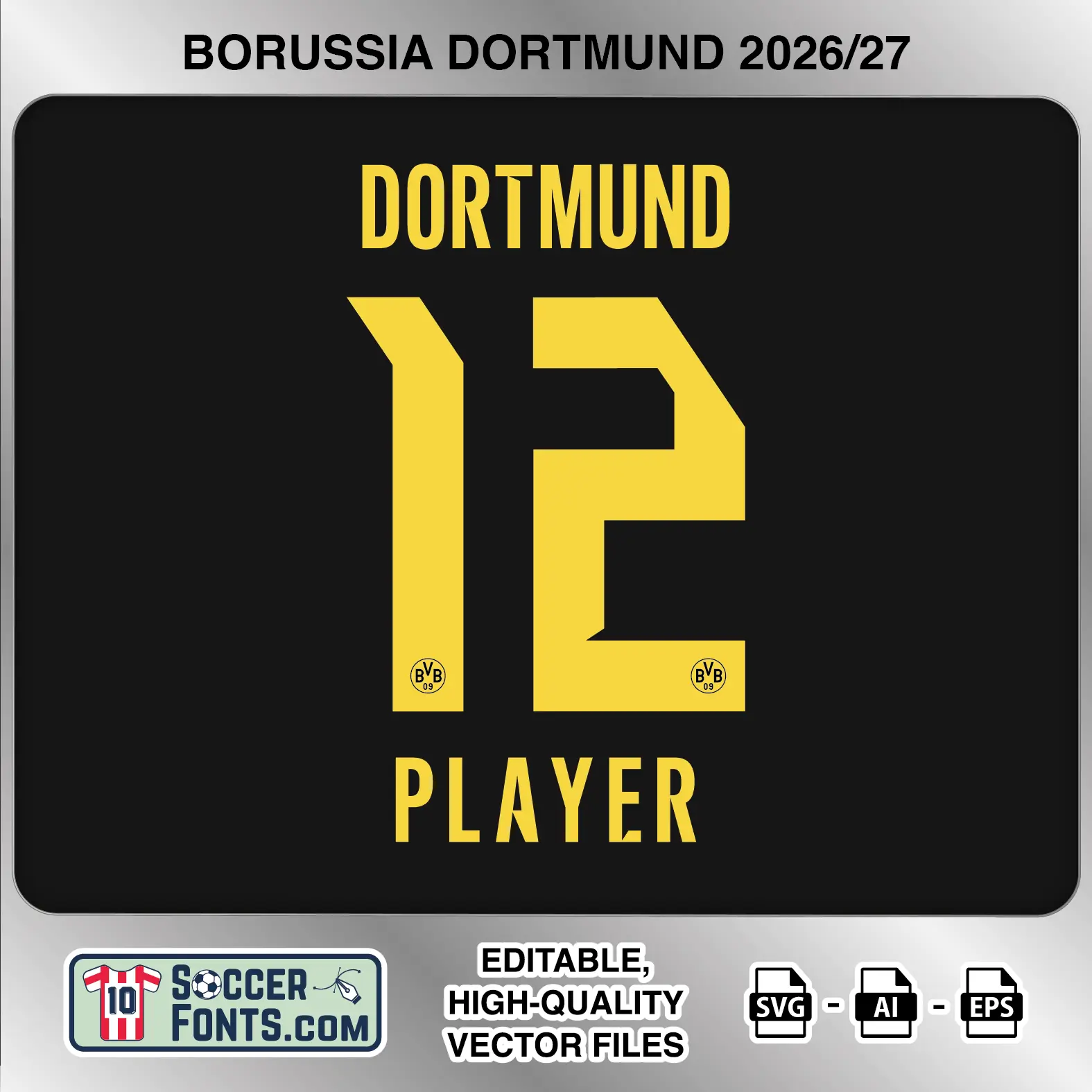 Borussia Dortmund 2026-27 football shirt font on away jersey mockup with player name and number