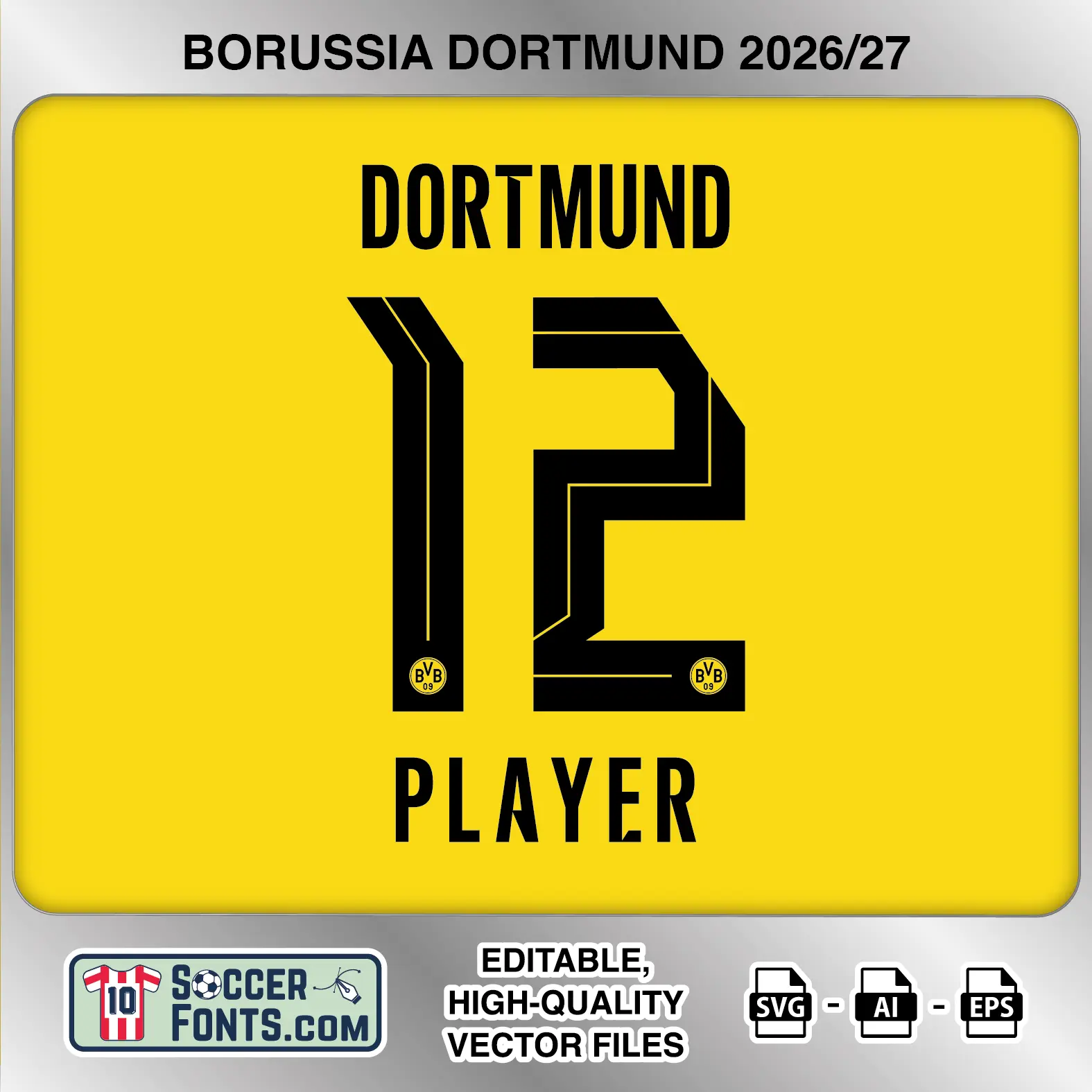 Borussia Dortmund 2026-27 football shirt font on home jersey mockup with player name and number