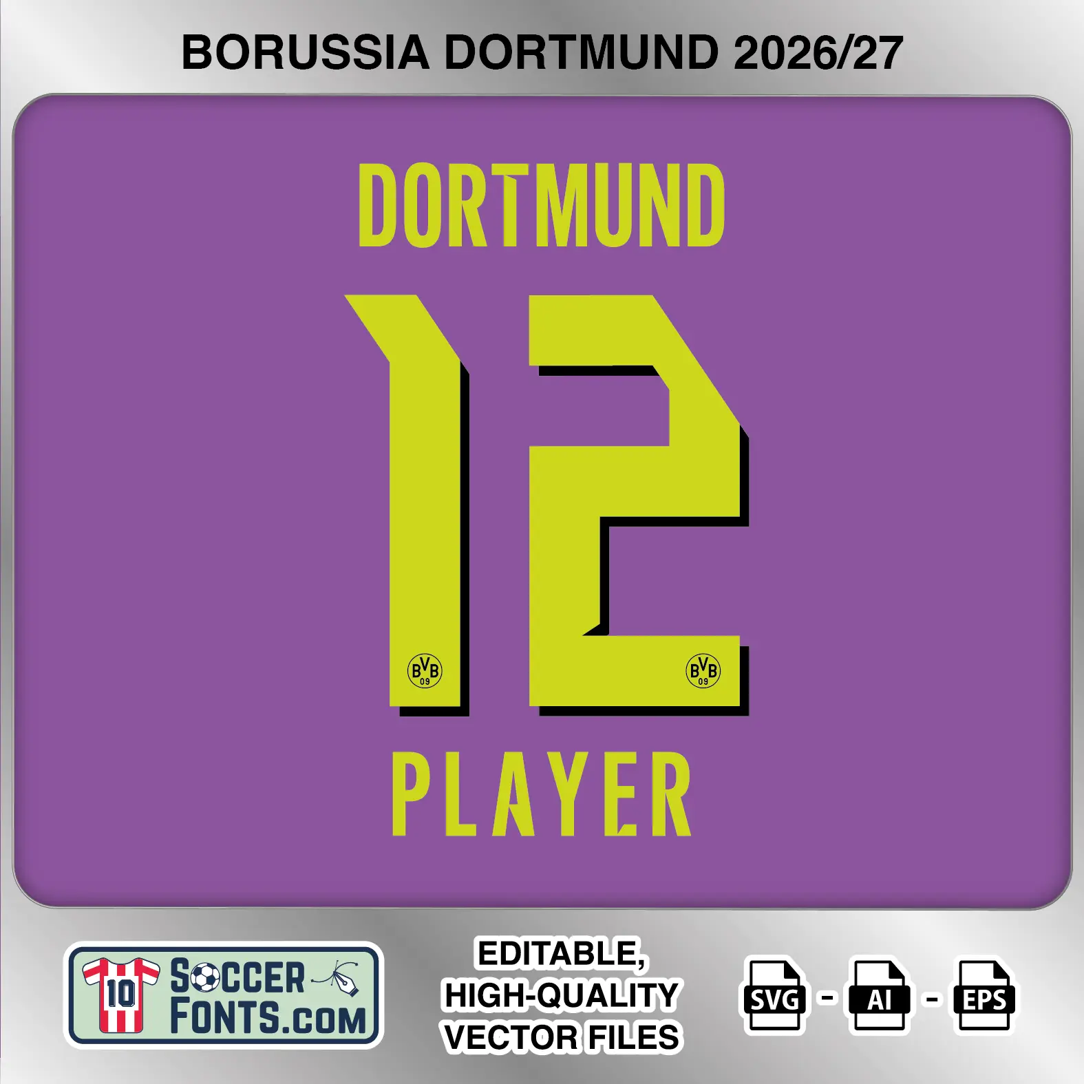 Borussia Dortmund 2026-27 football shirt font on third jersey mockup with player name and number