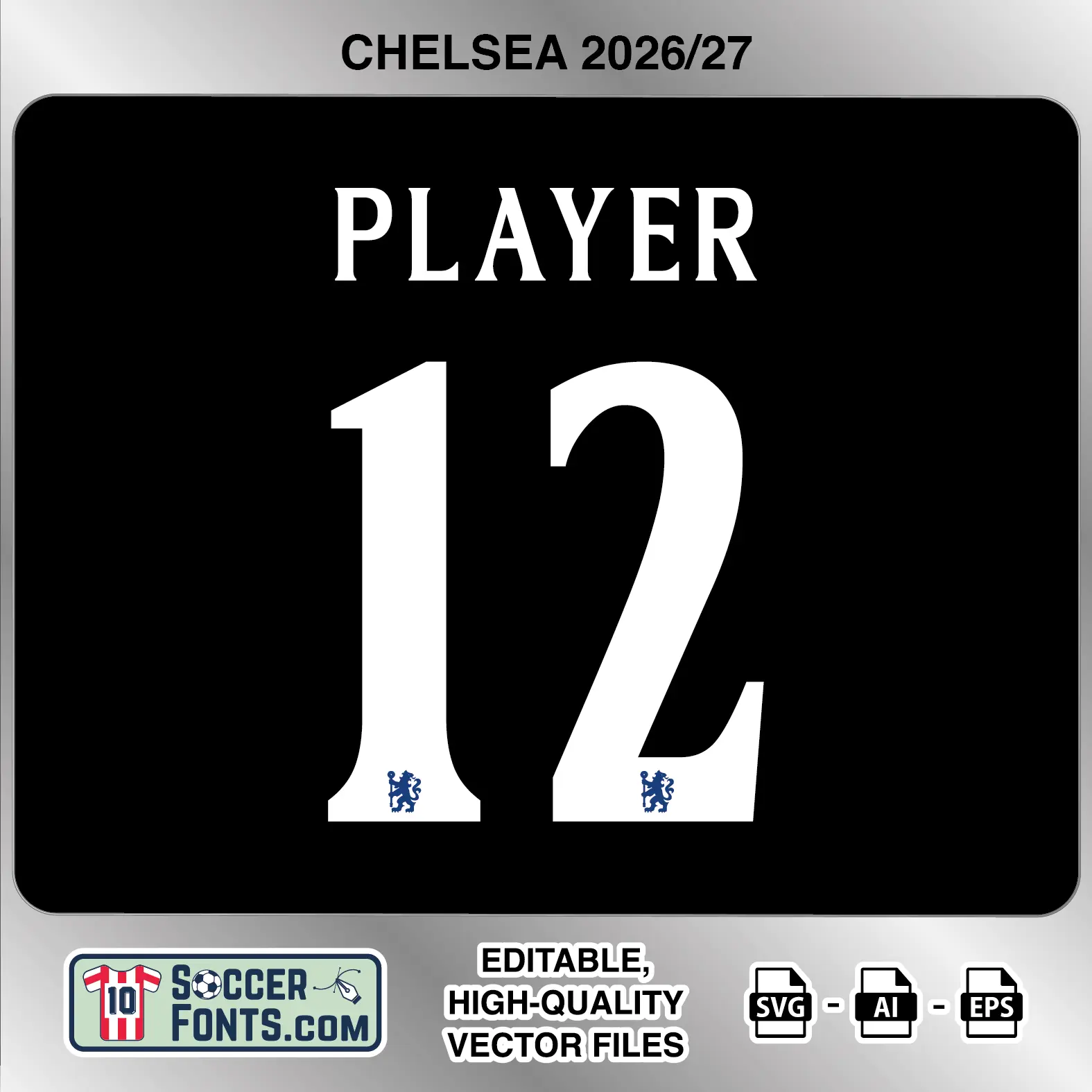 Chelsea 2026-27 football shirt font on away jersey mockup with player name and number