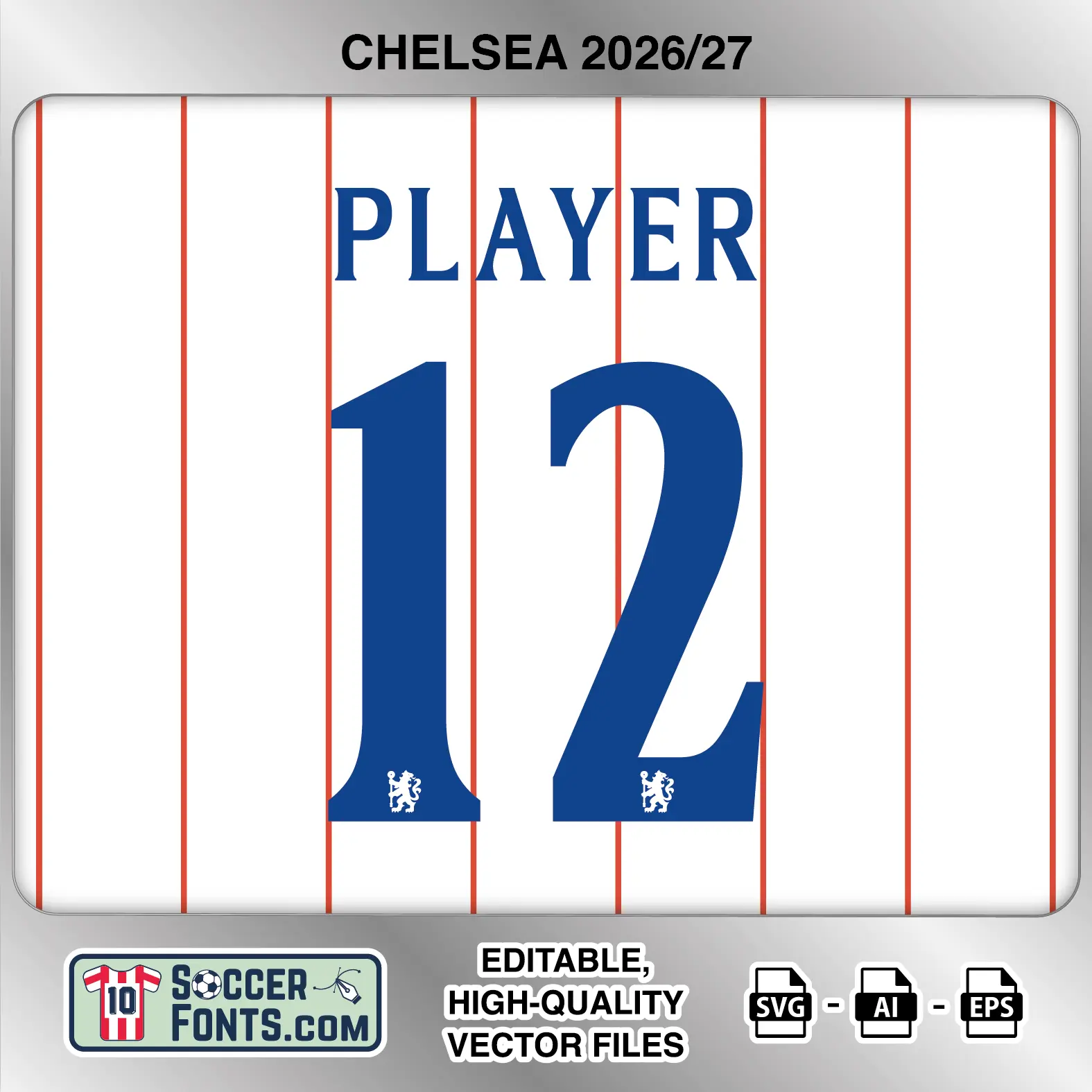 Chelsea 2026-27 football shirt font on third jersey mockup with player name and number