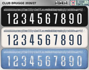 Club Brugge 2026-27 football shirt font showing alphabet letters and jersey numbers