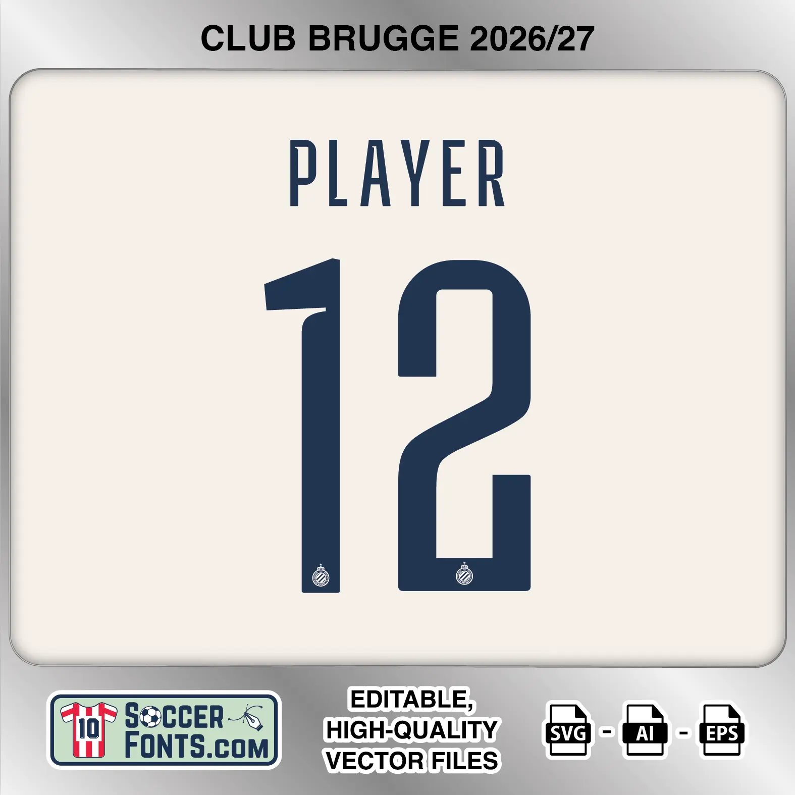 Club Brugge 2026-27 football shirt font on away jersey mockup with player name and number
