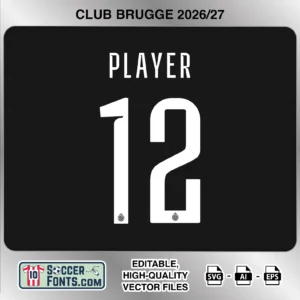 Club Brugge 2026-27 football shirt font on home jersey mockup with player name and number