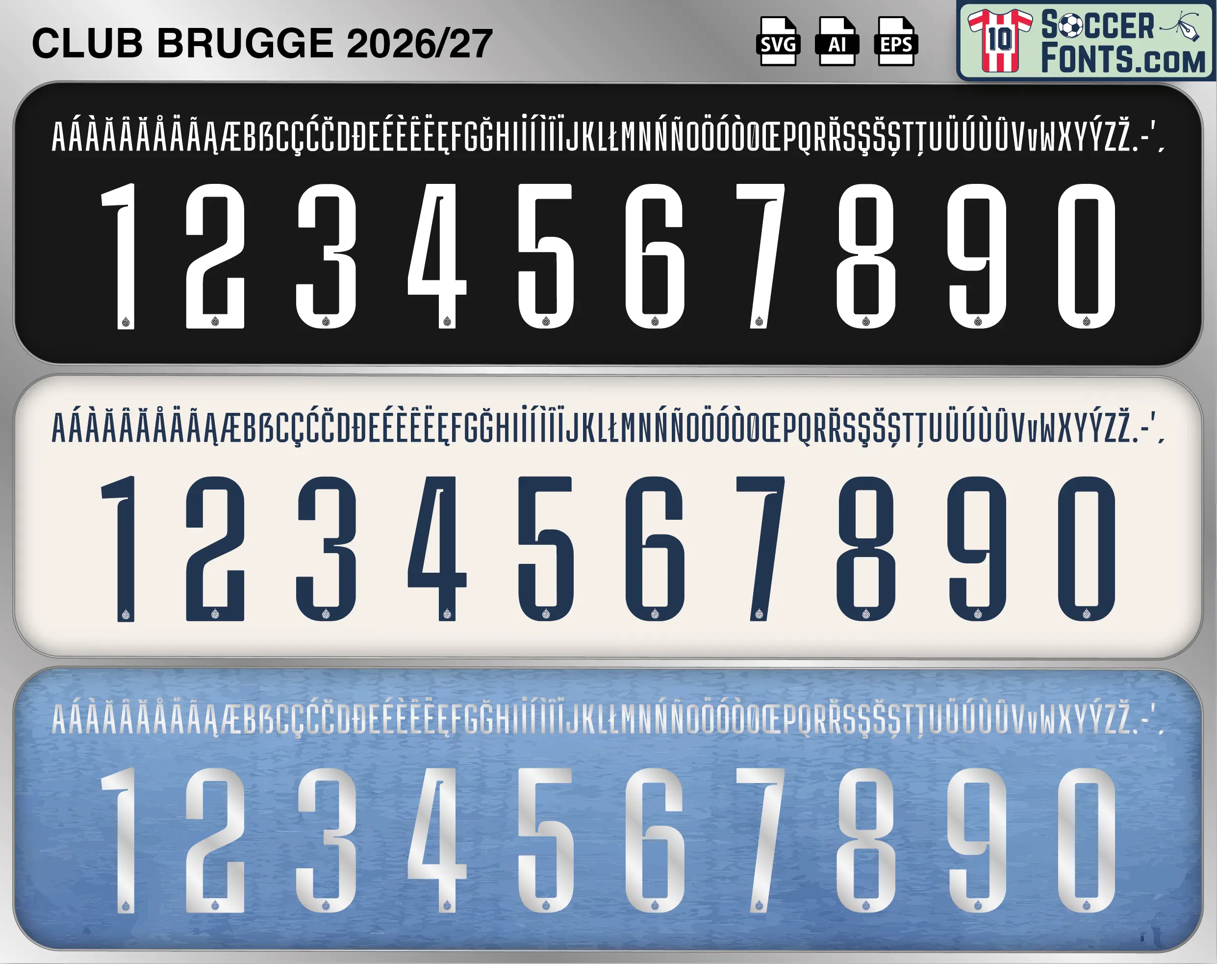 Club Brugge 2026-27 football shirt font showing alphabet letters and jersey numbers