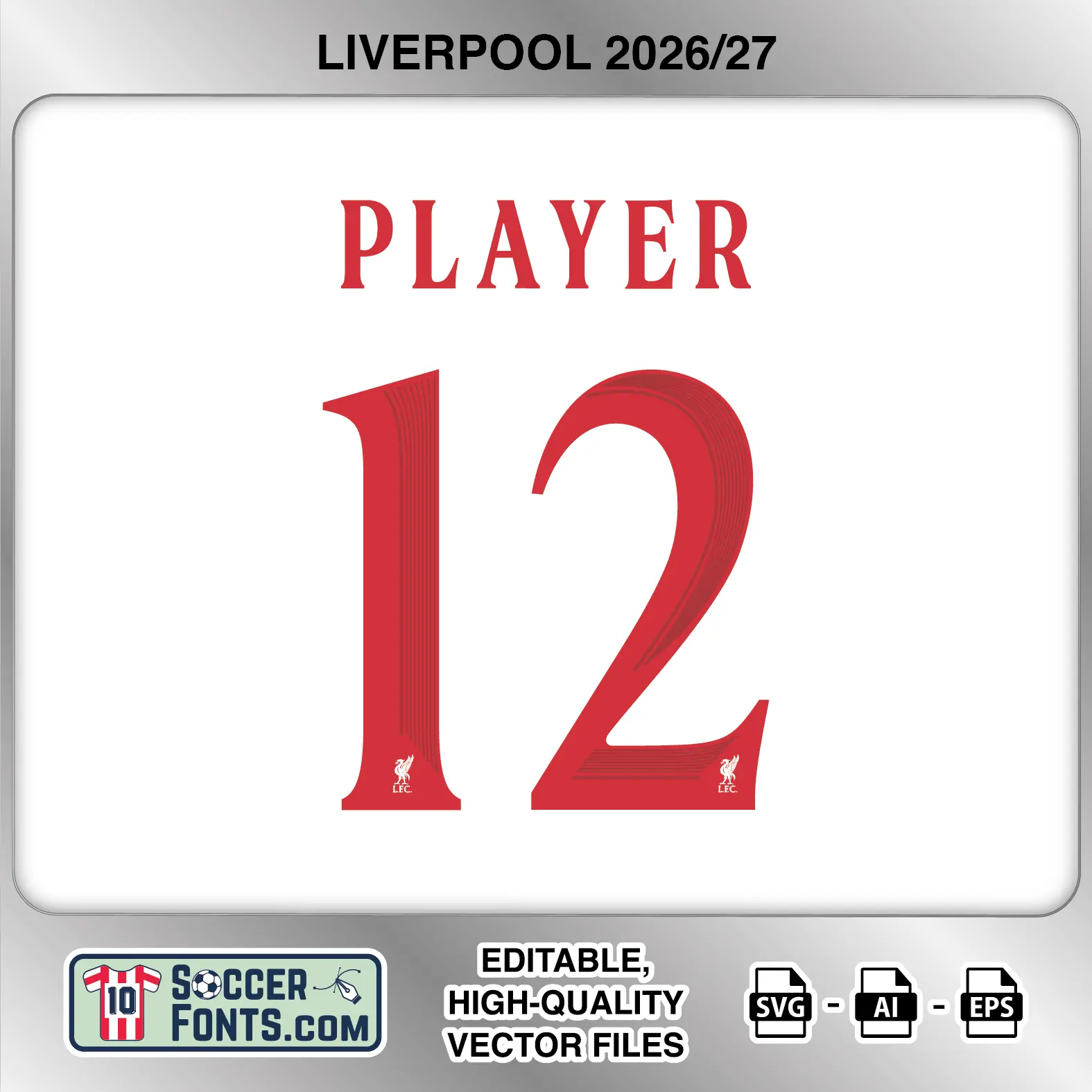 Liverpool 2026-27 football shirt font on away jersey mockup with player name and number