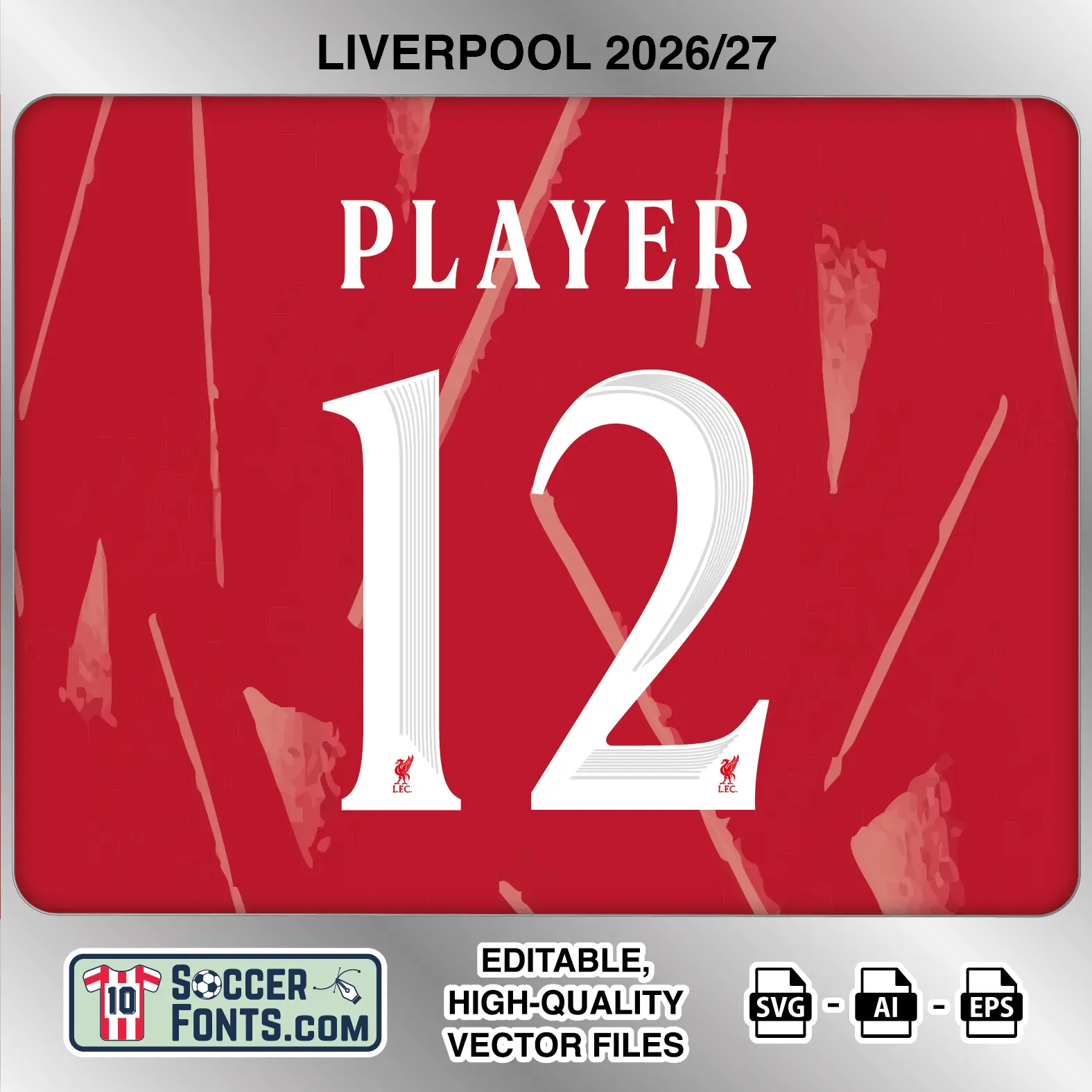 Liverpool 2026-27 football shirt font on home jersey mockup with player name and number