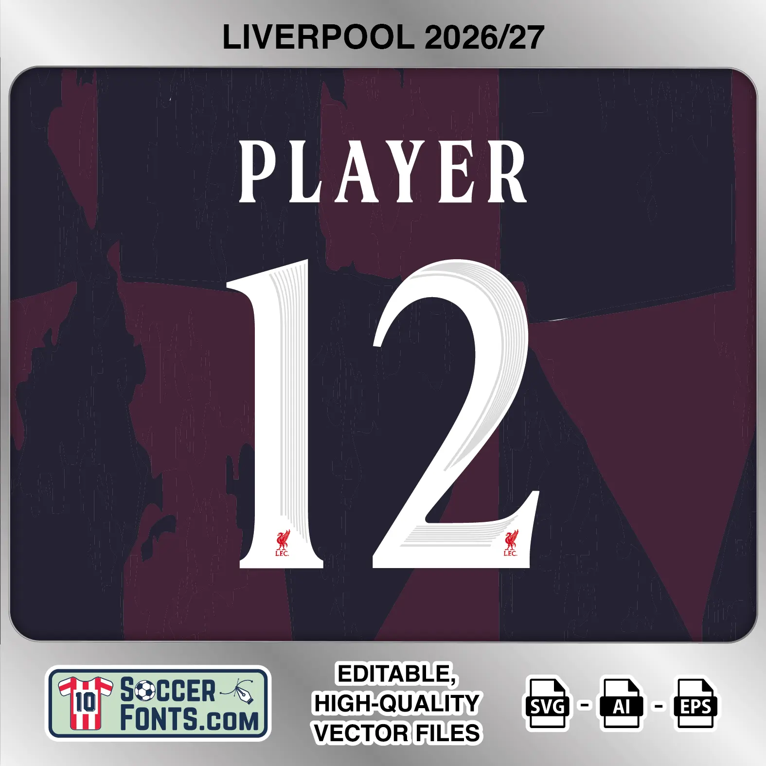 Liverpool 2026-27 football shirt font on third jersey mockup with player name and number