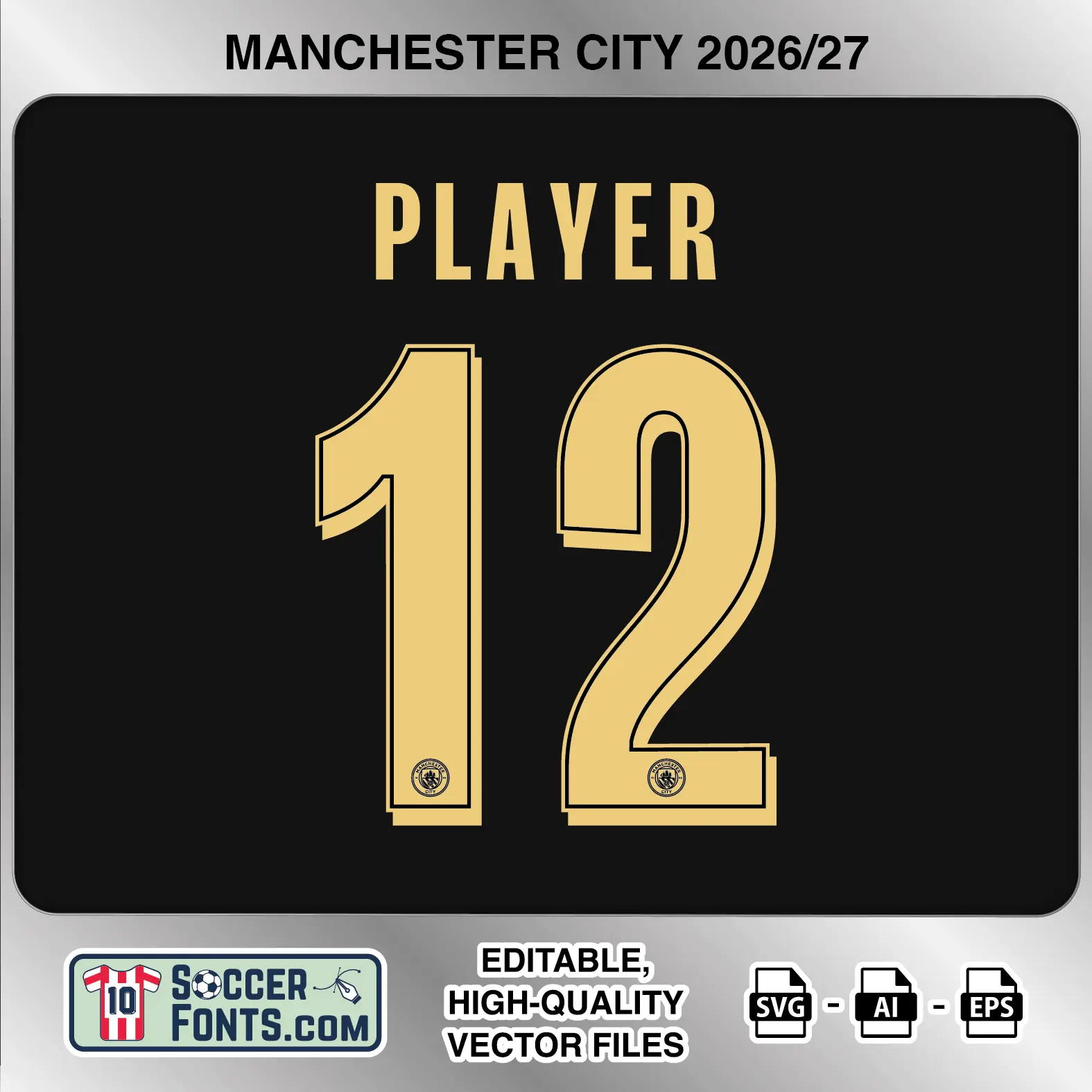Manchester City 2026-27 football shirt font on away jersey mockup with player name and number