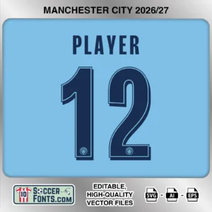 Manchester City 2026-27 football shirt font on home jersey mockup with player name and number