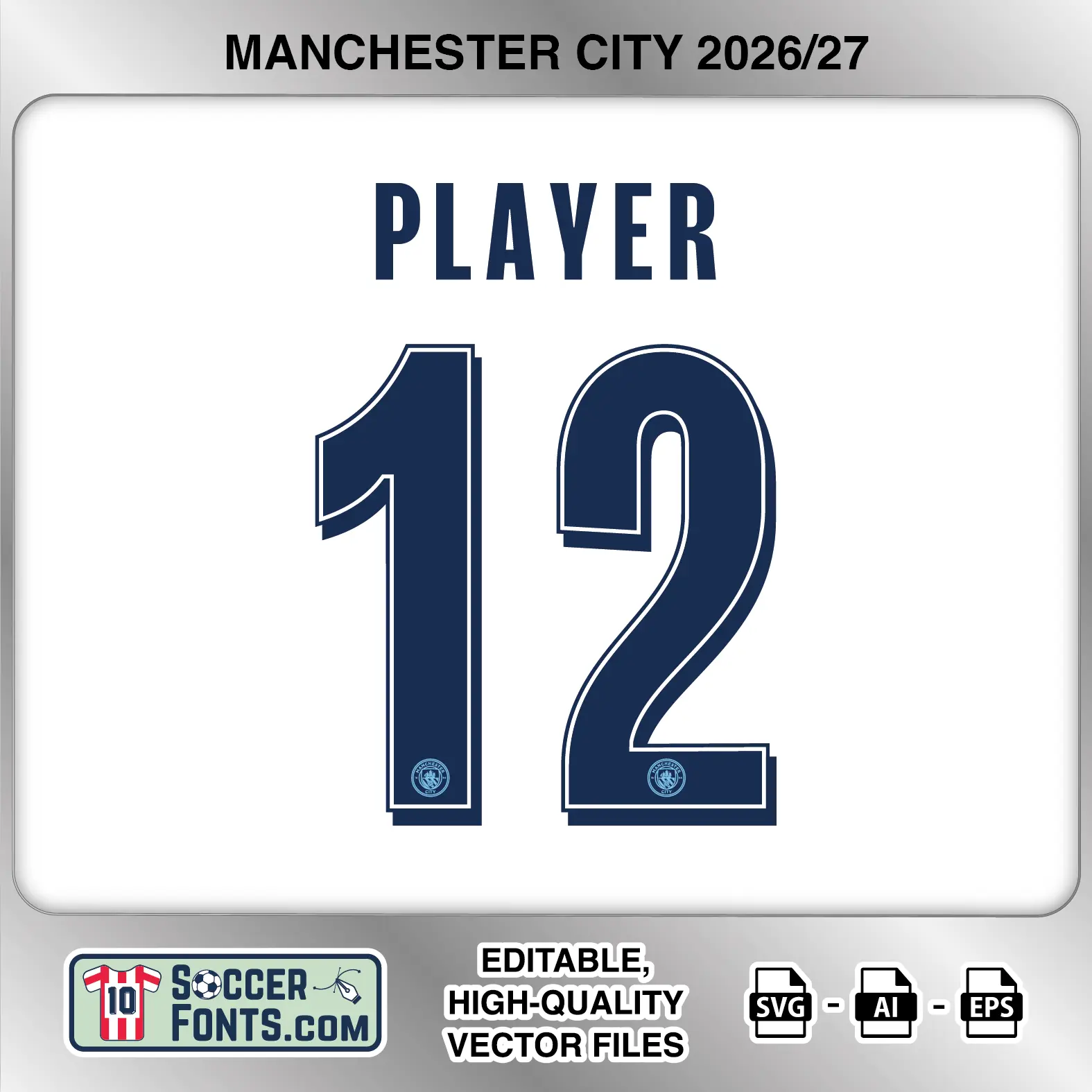 Manchester City 2026-27 football shirt font on third jersey mockup with player name and number