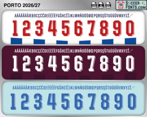 Porto 2026-27 football shirt font showing alphabet letters and jersey numbers