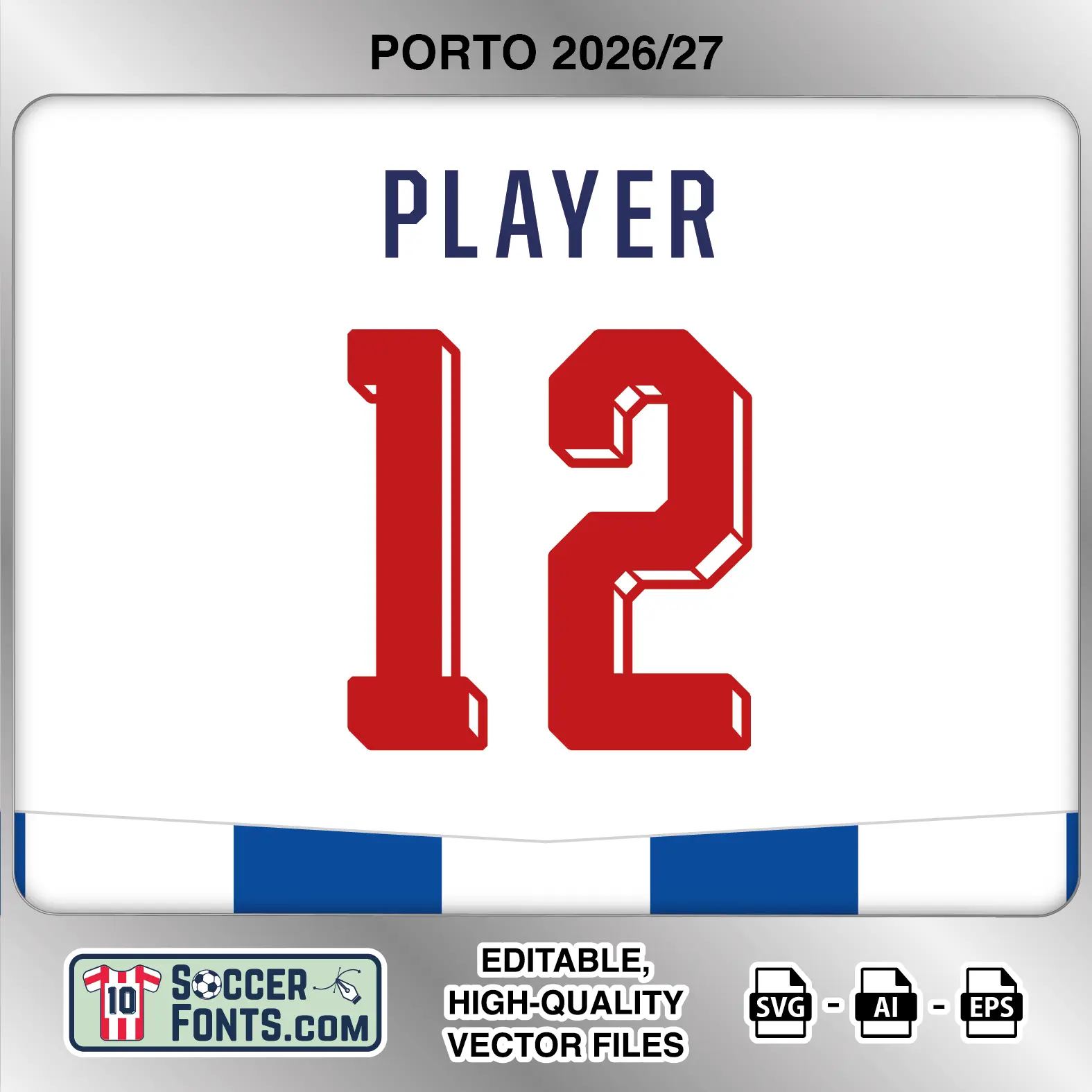 Porto 2026-27 football shirt font on home jersey mockup with player name and number