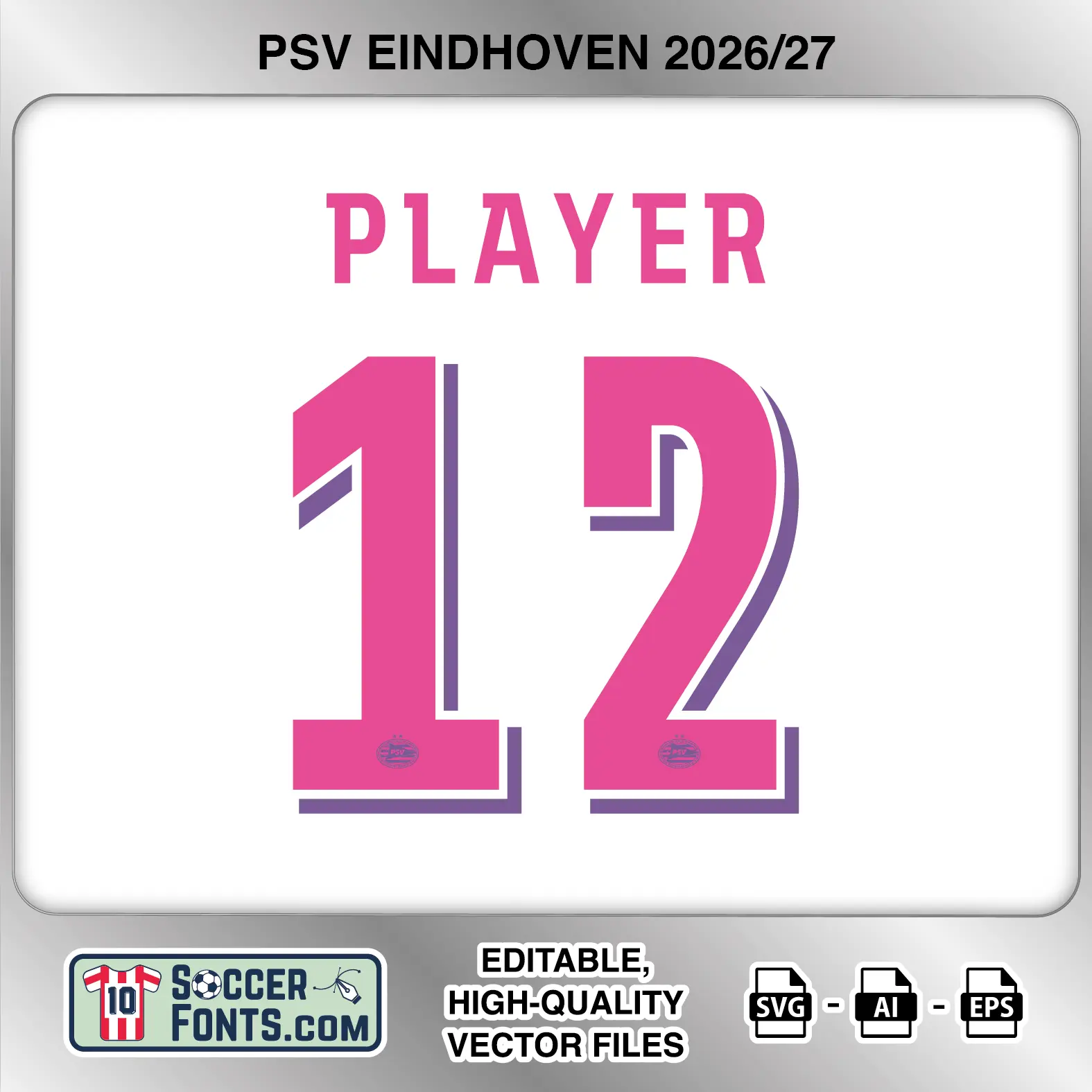 PSV Eindhoven 2026-27 football shirt font on away jersey mockup with player name and number