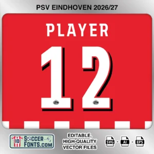 PSV Eindhoven 2026-27 football shirt font on home jersey mockup with player name and number