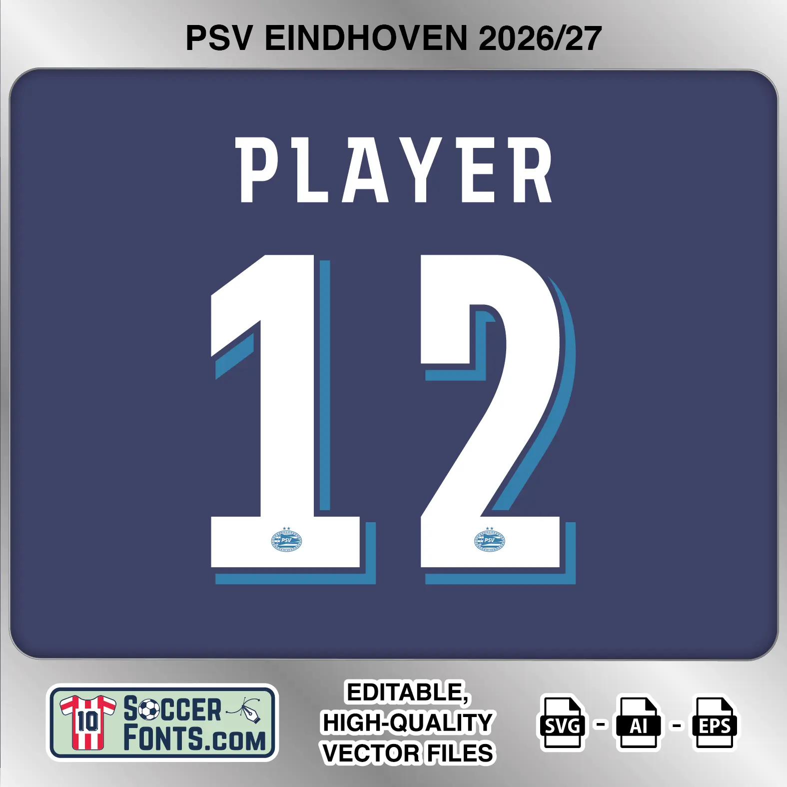 PSV Eindhoven 2026-27 football shirt font on third jersey mockup with player name and number