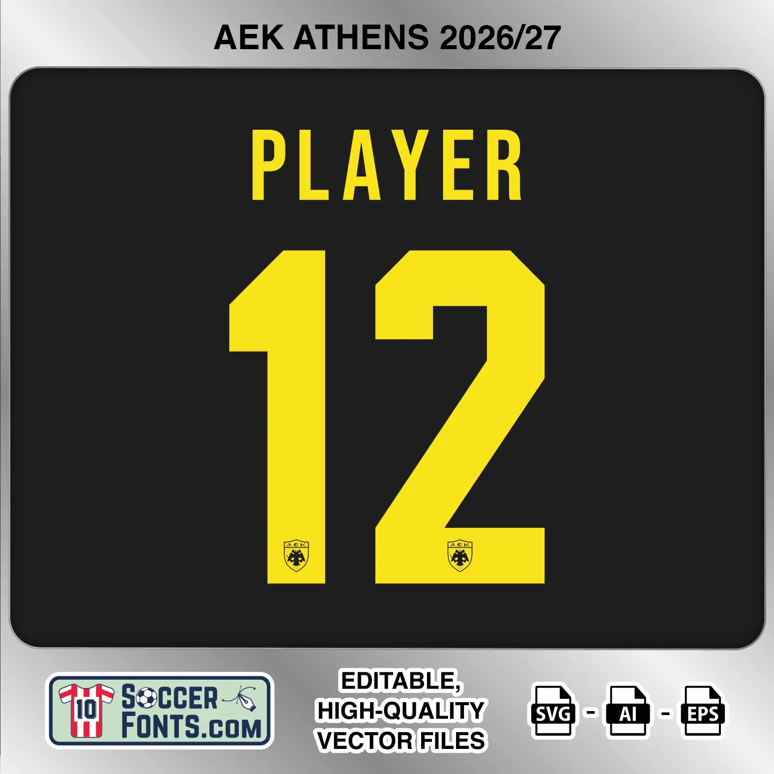 AEK Athens 2026-27 football shirt font on away jersey mockup with player name and number