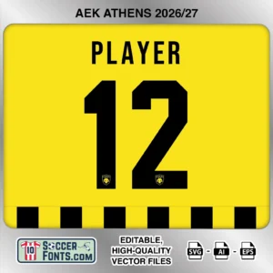 AEK Athens 2026-27 football shirt font on home jersey mockup with player name and number