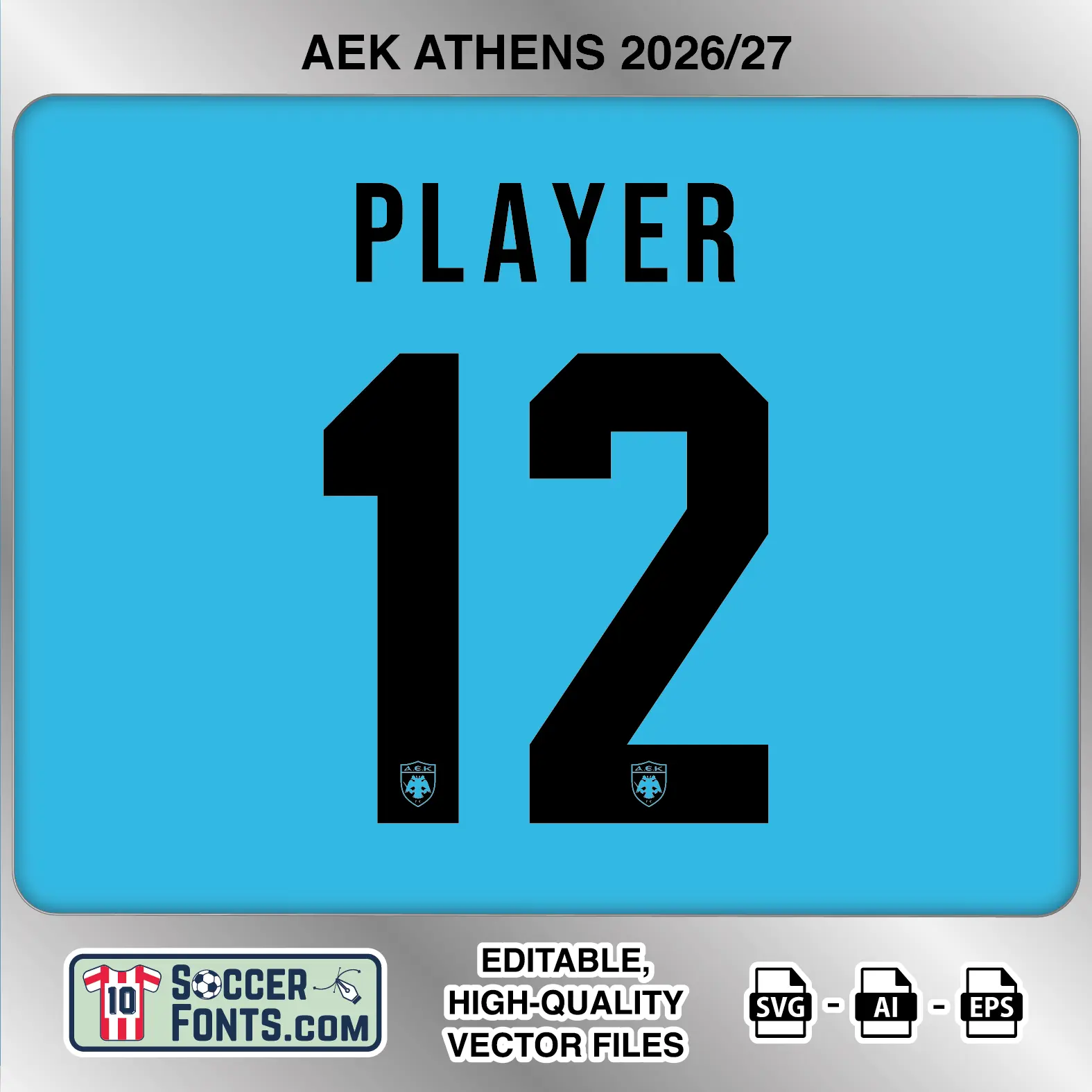AEK Athens 2026-27 football shirt font on third jersey mockup with player name and number