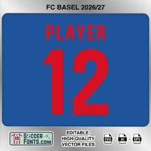 FC Basel 2026-27 football shirt font on home jersey mockup with player name and number