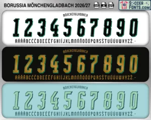 Borussia Mönchengladbach 2026-27 football shirt font showing alphabet letters and jersey numbers