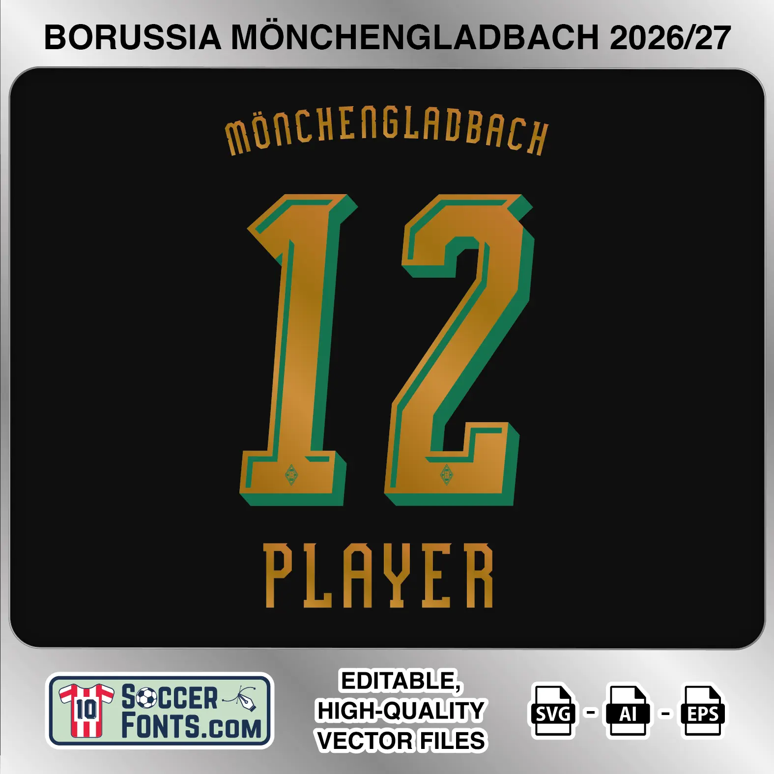 Borussia Mönchengladbach 2026-27 football shirt font on away jersey mockup with player name and number