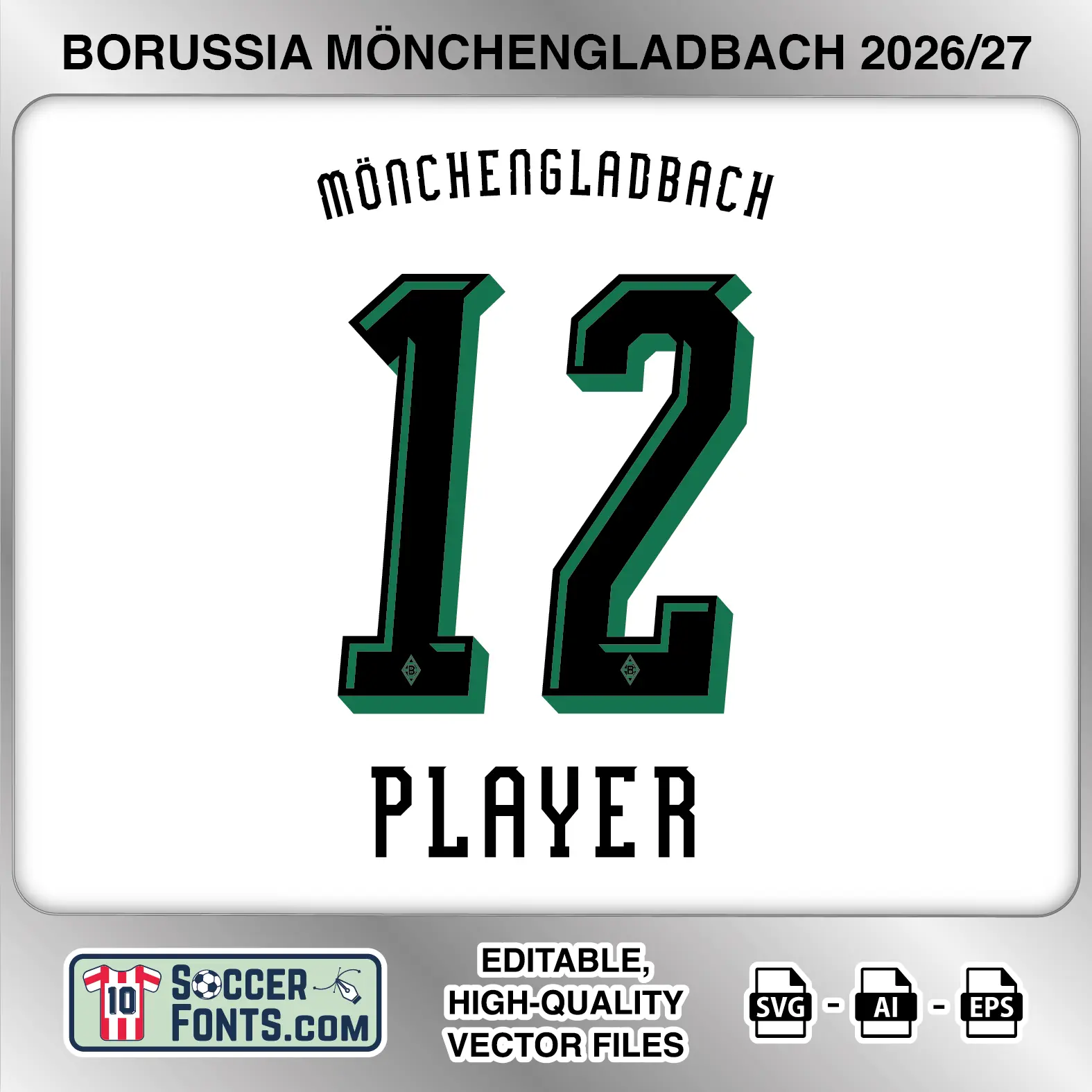 Borussia Mönchengladbach 2026-27 football shirt font on home jersey mockup with player name and number