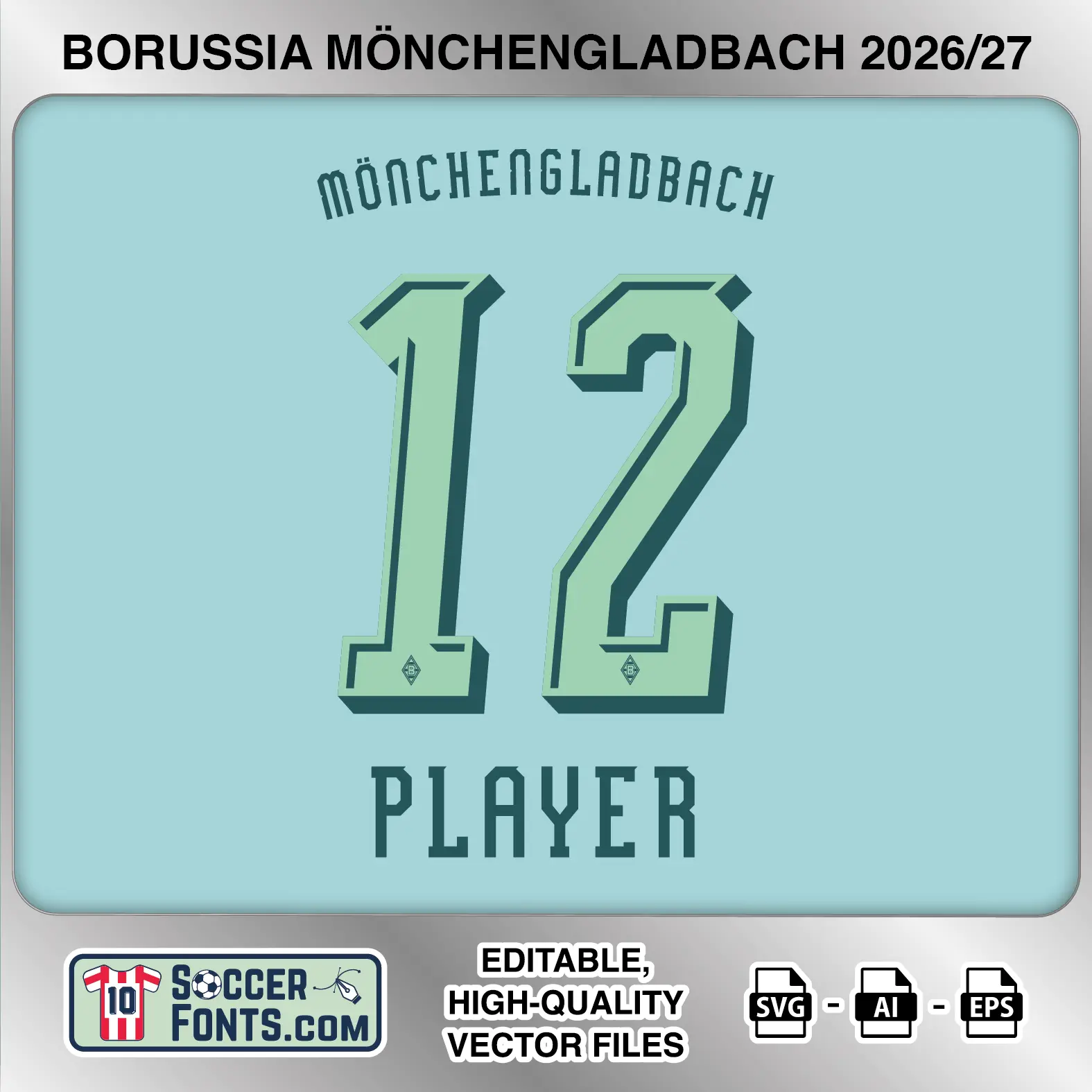 Borussia Mönchengladbach 2026-27 football shirt font on third jersey mockup with player name and number
