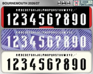 AFC Bournemouth 2026-27 football shirt font showing alphabet letters and jersey numbers