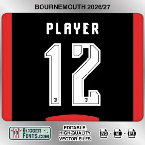AFC Bournemouth 2026-27 football shirt font on home jersey mockup with player name and number