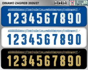 Dinamo Zagreb 2026-27 football shirt font showing alphabet letters and jersey numbers