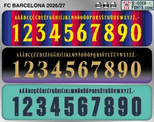 FC Barcelona 2026-27 UCL football shirt font showing alphabet letters and jersey numbers