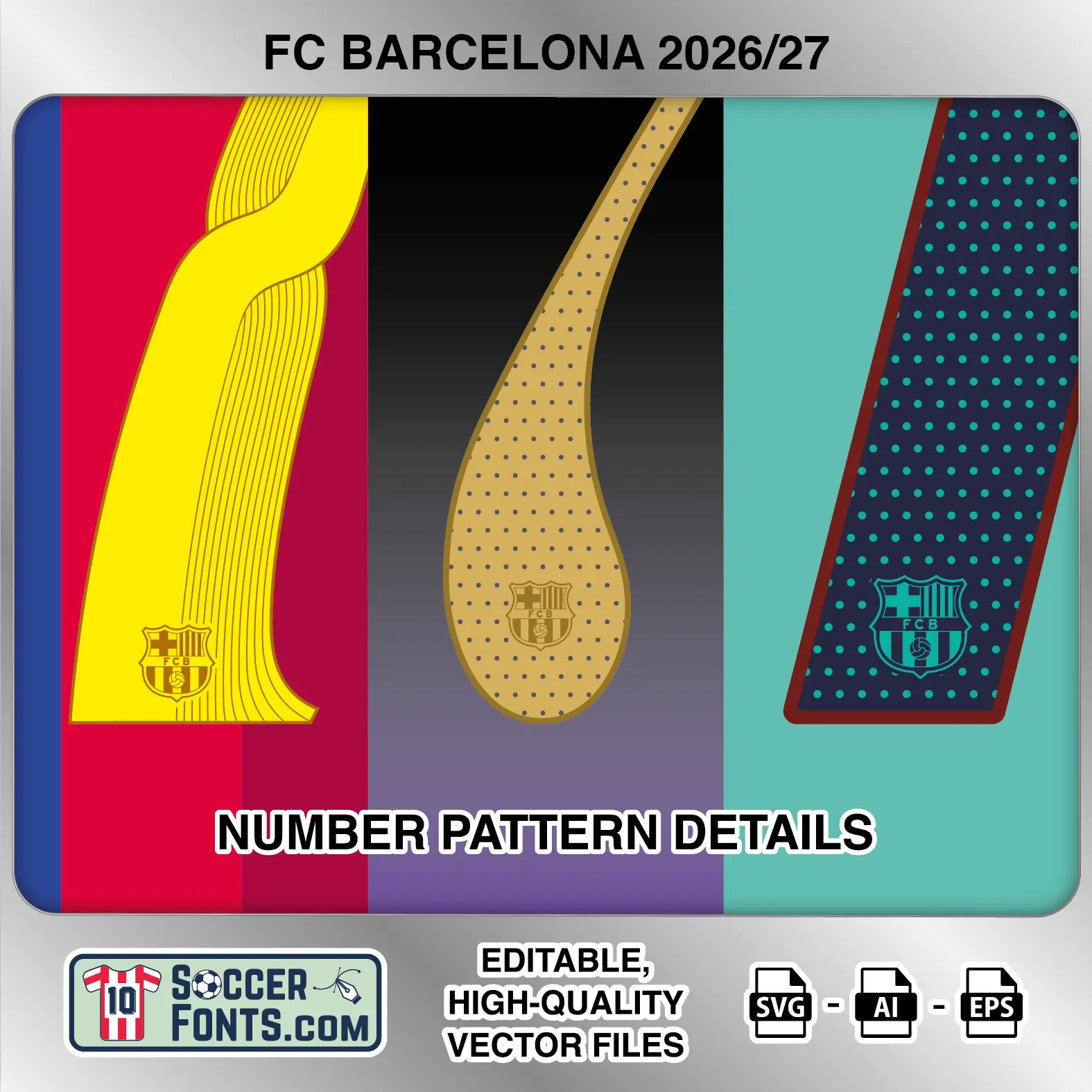 FC Barcelona 2026-27 UCL football shirt number close-up showing pattern and club crest details inside
